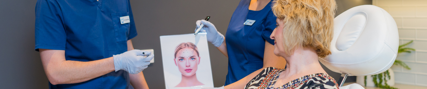 a woman in blonde checking anti wrinkles procedure